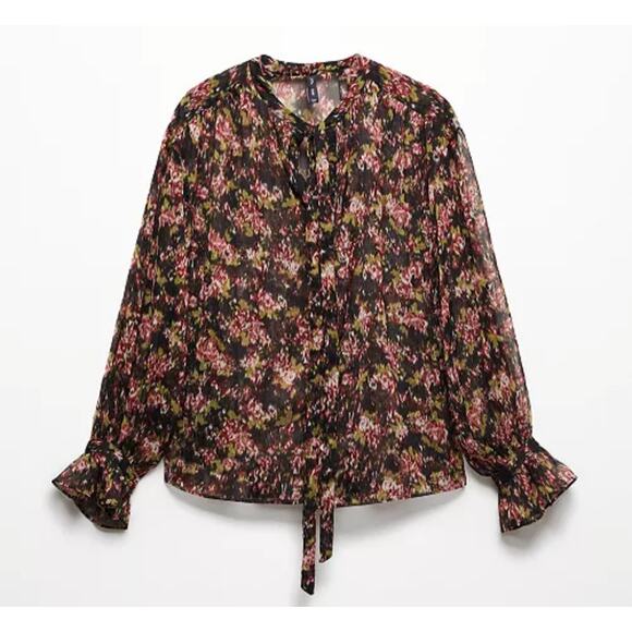 Mango MNG Women's size 3X Sheer Floral Bow Tie Puff Ruffle Sleeve Carol Blouse - Picture 9 of 12